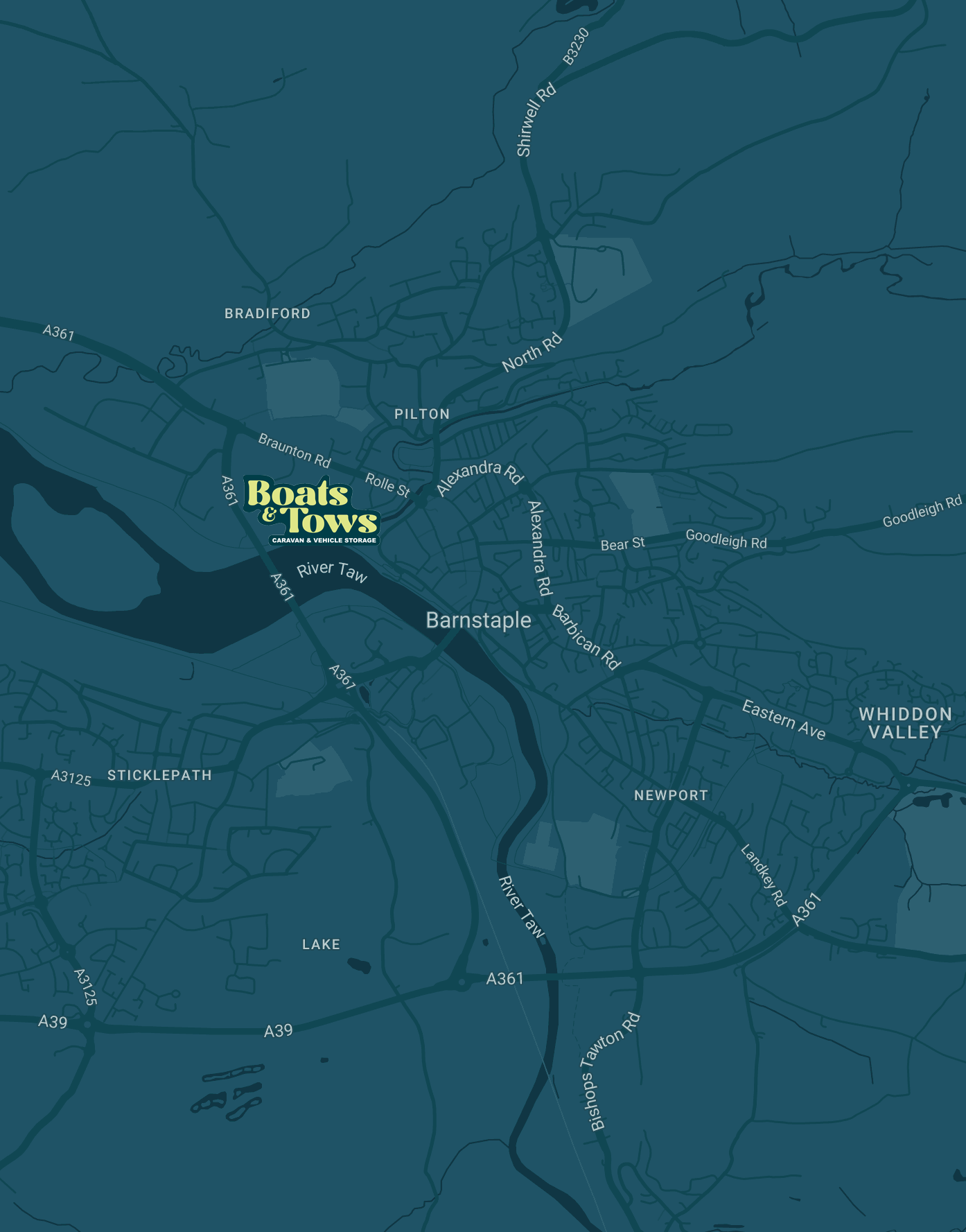 A map of Barnstaple and surrounding areas in North Devon with Boats and Tows storage facility highlighted.